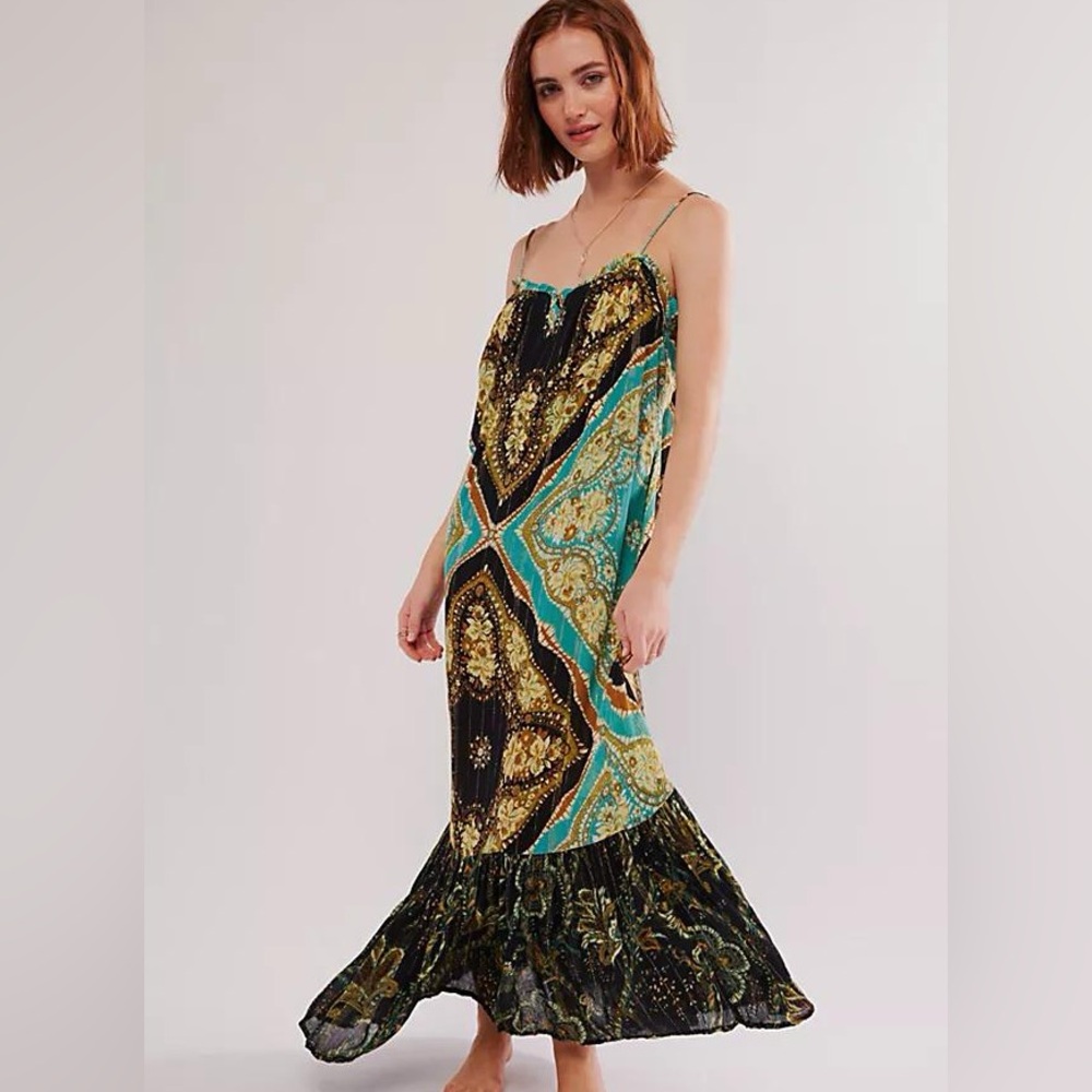 Free People Teal Black Gold Paisley Maxi Dress